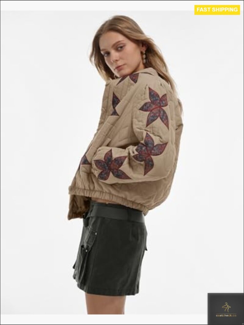 Women's Lightweight Floral Embroidered Cropped Quilted Puffer Jacket Button - Picture 5 of 7
